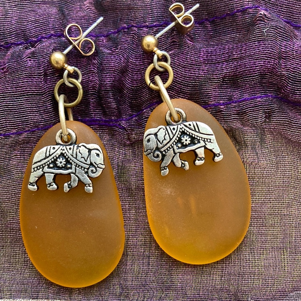 Elephants! Amber Frosted Glass w/ Silver Elephants Earrings